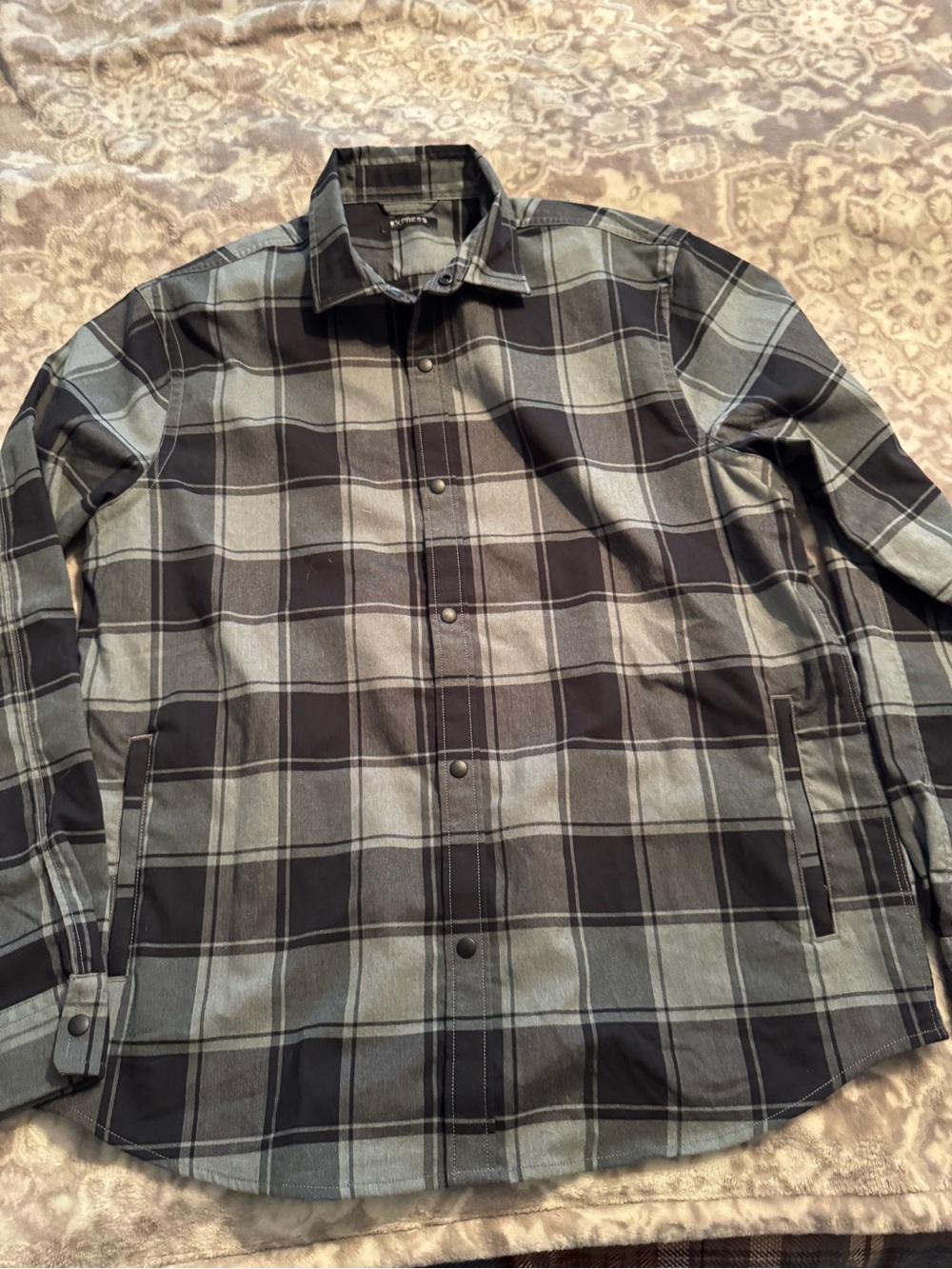 Express Men's Black and Gray Plaid Button-Up Shirt